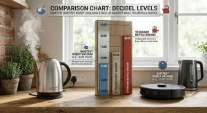 Comparison chart showing decibel levels of the quietest robot vacuum cleaners next to a standard kettle