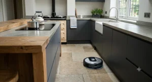 Dual-action quietest robot vacuum and mop cleaning limestone tiles in a modern British kitchen