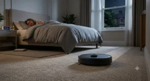 Quietest robot vacuum operating in low-noise night mode on a bedroom carpet while someone sleeps
