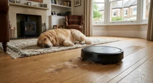 Quietest robot vacuum picking up pet hair on oak hardwood flooring without disturbing a sleeping dog