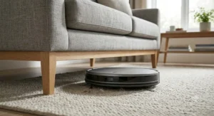 Slim profile quiet robot vacuum navigating under a modern sofa to clean dust