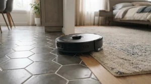 A reliable robot vacuum mop under £500 climbing a doorway threshold