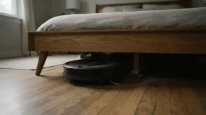 A thin robot vacuum for small flats disappearing underneath a low bed frame in a compact bedroom
