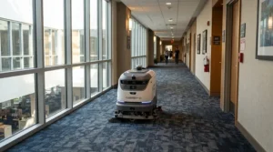 A robot vacuum mop combo collecting pet hair from a low-pile hallway carpet