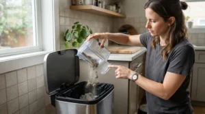 A homeowner emptying the collection dustbin of a robot vacuum mop combo after cleaning