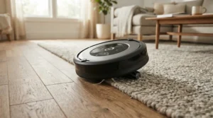 A robot vacuum mop combo transitioning smoothly from hallway laminate to living room rug