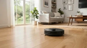 A robot vacuum mop combo gliding across a wooden living room floor cleaning up dust