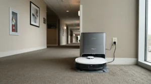 Automatic self-emptying base station featured in recent robot vacuum mop combo reviews in a hallway