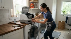 Checking maintenance and repair tips found in robot vacuum mop combo reviews in a utility room