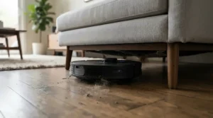 A slim robot vacuum mop combo cleaning hard-to-reach dust under a living room sofa
