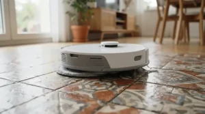 Testing cleaning quality results when comparing a robot vacuum mop combo vs separate mop on patterned hallway tiles.