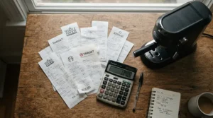 Visual cost comparison for robot vacuum mop combo vs separate mop units on a modern kitchen counter with a calculator.