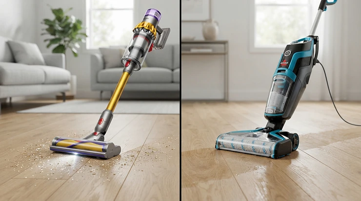 A side-by-side display illustrating a robot vacuum mop combo vs separate mop setup on a British hardwood living room floor.