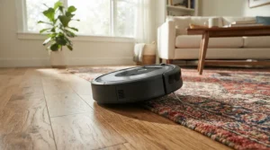 A smart unit navigating around a wool rug during a robot vacuum mop combo vs separate mop cleaning routine.