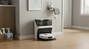 A self-emptying robot vacuum mop for hard floors returning to its charging dock in a utility room.