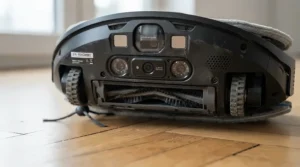 Diagram style illustration highlighting smart floor-type sensors on a robot vacuum mop for hard floors.