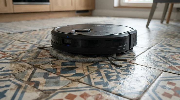 A robot vacuum mop for hard floors tackling dried mud on dark grey ceramic kitchen tiles.