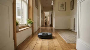 A modern robot vacuum mop for hard floors gliding smoothly across a light oak laminate hallway.