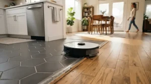 An advanced robot vacuum mop for hard floors transitioning seamlessly from tiles to engineered wood.