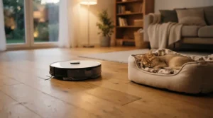 A robot vacuum mop for hard floors simultaneously collecting pet hair and washing muddy paw prints.