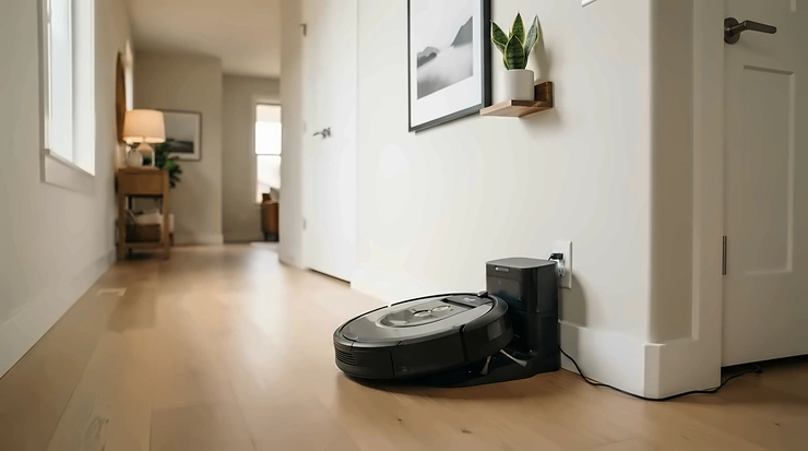 A robot vacuum mop for large homes returning to its charging dock after a long runtime cycle