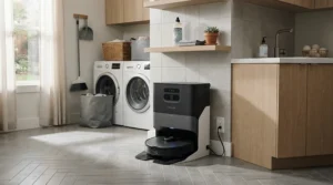 A robot vacuum mop for large homes emptying debris into a large dustbin capacity station