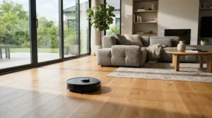 A robot vacuum mop for large homes navigating across an open-plan lounge floor during multi-floor mapping