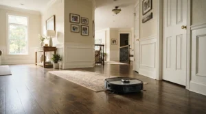 A robot vacuum mop for large homes demonstrating long runtime across a sprawling hallway