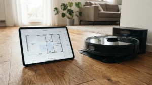 A robot vacuum mop for large homes saving multi-floor mapping memory on a tablet screen interface