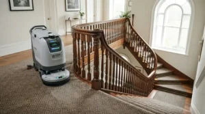 A robot vacuum mop for large homes safely cleaning near a Victorian staircase landing edge