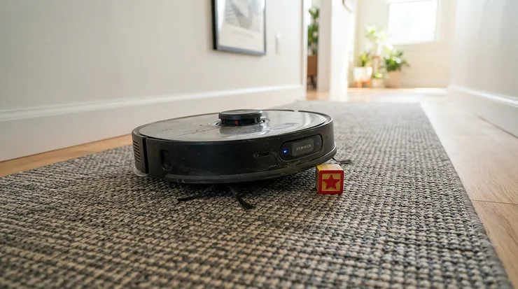 A smart robot vacuum mop for pet hair navigating safely around unexpected puppy mess in a hallway.