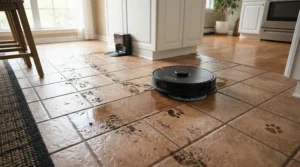 A robot vacuum mop for pet hair cleaning up muddy paw prints on kitchen tiles after a rainy walk.
