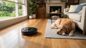 A robot vacuum mop for pet hair operating smoothly across a wooden floor near a sleeping golden retriever.