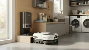 A robot vacuum mop for pet hair returning to its self-emptying base station with built-in odour control.