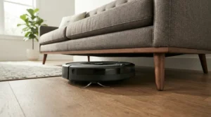 A slim robot vacuum mop for pet hair sliding under a living room sofa to capture hidden shedding fur.
