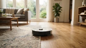 A robot vacuum mop under £500 cleaning a modern British living room floor