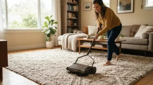A powerful upright floor cleaner tackling deep pile carpet alongside a robotic disc navigating hard flooring