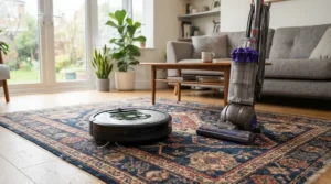 A modern autonomous cleaning robot moving across a carpeted living room floor next to a traditional upright floor sweeper