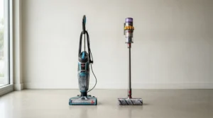 Size and design comparison between a low-profile automated floor cleaner and a standard corded stick sweep