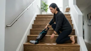 A person using a traditional upright device on staircase steps while an automated unit cleans the hallway floor