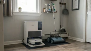 Space-saving storage setup featuring a compact automated cleaning dock and a tall upright sweep
