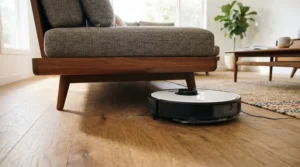 An autonomous disc sweeper gliding easily under a sofa while a traditional upright model stays outside