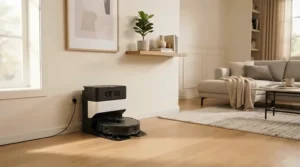 A self-emptying robot vacuum mop docked beside a TV unit in a contemporary London flat