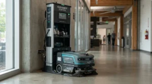 A self-emptying robot vacuum mop automatically transferring debris into its charging base station