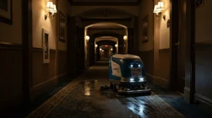 A self-emptying robot vacuum mop operating autonomously during an autumn evening in a townhouse