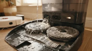 Close-up of a self-washing mop robot vacuum undergoing its automatic pad washing cycle