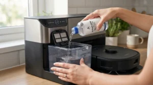 User refilling the liquid container on a self-washing mop robot vacuum station for detergent compatibility testing.