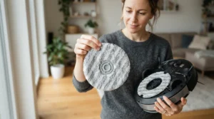 Inspecting the clean microfiber pads of a self-washing mop robot vacuum after a thorough maintenance routine.