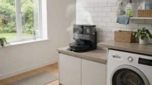 A self-washing mop robot vacuum station demonstrating warm air drying for mop pad hygiene and odour prevention.