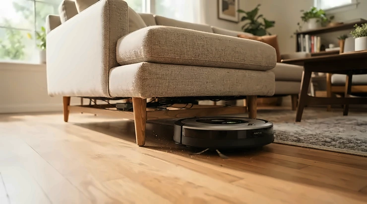 A low-profile self-washing mop robot vacuum cleaning hard-to-reach dust under a contemporary living room sofa.